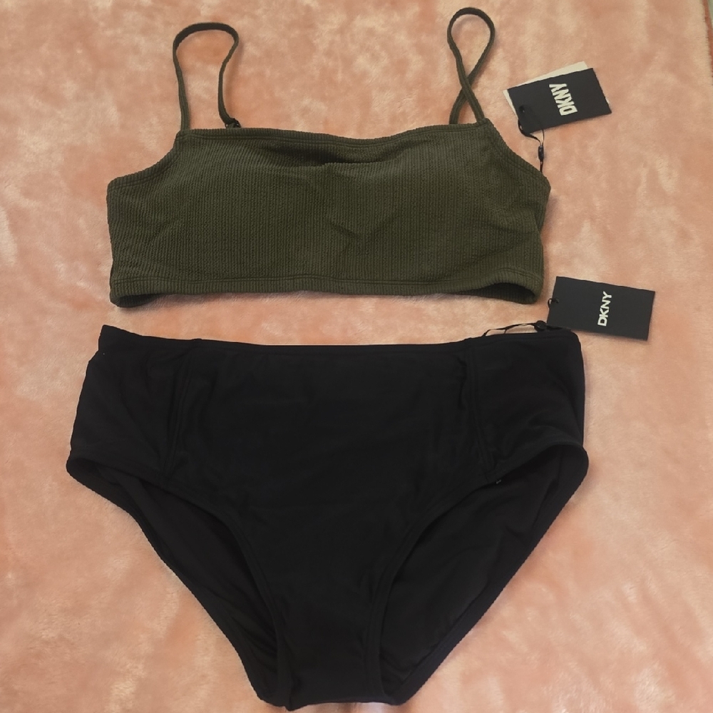 DKNY Women's Olive Rib & Black High-Waist Swim Set 4-way Stretch UV 50+ XL NWT